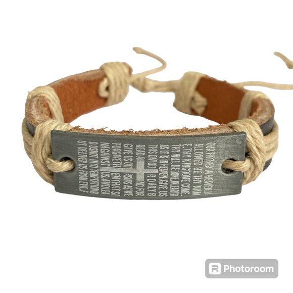 Vintage The Lords Prayer Leather Bracelet Mens Womens Adjustable Rope Catholic - Picture 1 of 10